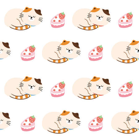 Seamless pattern of cute cat sleeping with strawberry cake on white background.Animal character design.Kawaii.Vector.Illustration.のイラスト素材