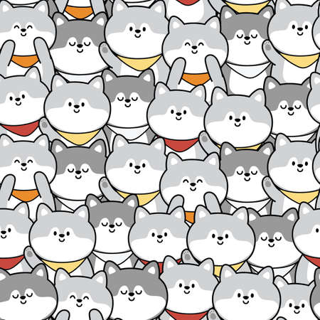 Repeat.Seamless pattern of cute syberia dog cartoon background.Animal various poses character design.Vector.Illustration.のイラスト素材