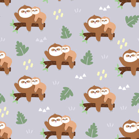 Seamless pattern of cute mom and baby sloth on tree.Pastel color background.Wild animal cartoon.Kawaii.Vector.Illustration.のイラスト素材