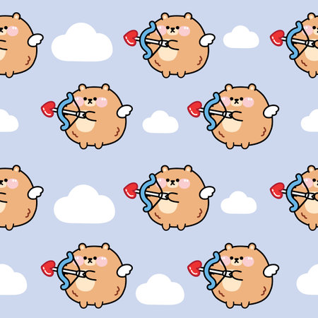Seamless pattern of cute chubby bear cupid on sky background.Animal character design.Valentine's day.Kawaii.Vector.Illustration.のイラスト素材