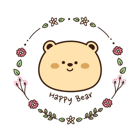 Flower frame with happy bear in cartoon style.Animal hand drawn.Flower and leaf...
