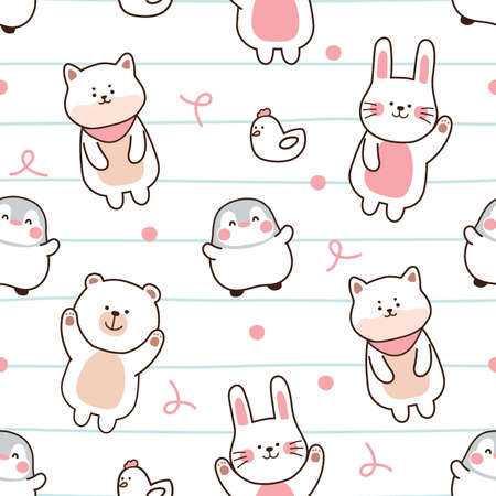 Seamless pattern of animal in cartoon.Shiba inu dog,bear,penguin,rabbit,hen doodle.Image for card,poster,Banner,kid product,wallpaper,pillow.Kawaii.Vector.Illustration.のイラスト素材