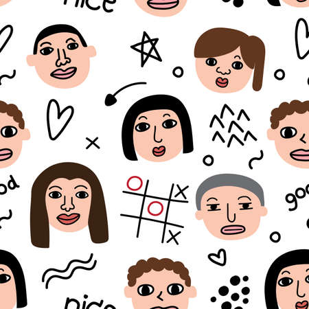 Seamless pattern of  face people with line doodle.Cartoon.Kawaii.Abstract background.Image for banner,wallpaper,gift paper.Vector.Illustration.のイラスト素材