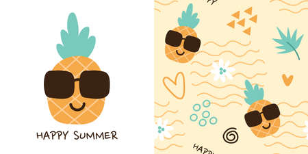 Seamless pattern of pineapple wearing sunglasses doodle.Summer concept.Cute cartoon character...