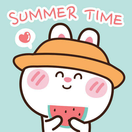 Summer time concept.Cute rabbit wearing hat with watermelon in cartoon style.Animal character doodle design.Kawaii.Image for card,poster,sticker,banner,t-shirt,kid product.Vector.Illustration.のイラスト素材