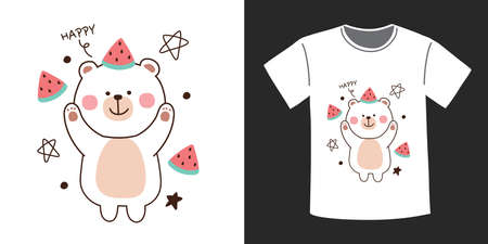 T-shirt print design.Cute bear with watermelon on white background in cartoon style.Teddy doodle.Kawaii animal.Image for card,poster,sticker,kid product,logo.Vector.Illustration.のイラスト素材