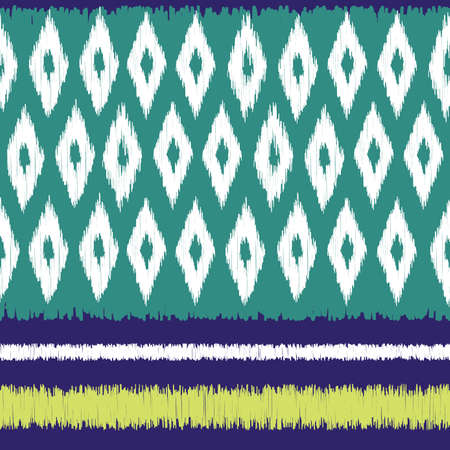Ikat.Seamless pattern of abstract background.Ethnic tribal indian style.Blue,green,white color.Embroidery.Vector.Illustration.のイラスト素材
