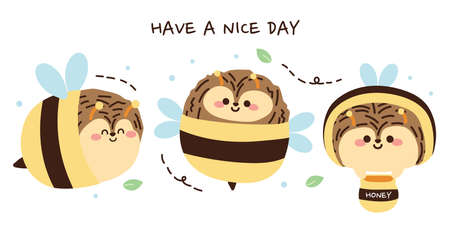 Set of cute hedgehog in bee costume on white background.Animals cartoon character...