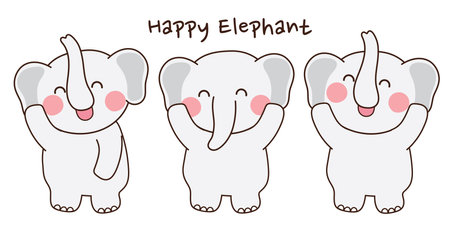 Happy elephant in various poses cartoon style banner.Cute animal doodle.Kid graphic.Kawaii.Hand drawn.Vector.Illustration.のイラスト素材