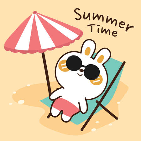 Cute rabbit wearing sunglasses siting on beach in cartoon style.Summer concept.Sea.Hand drawn.Doodle.Kid graphic.Kawaii bunny.Vector.Illustration.のイラスト素材
