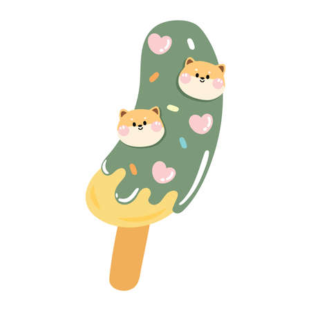 Cute banana green tea with tiny shiba inu dog head candy.Japnaese food cartoon.Dessert.Sweet.Kawaii.Pastel.Vector.Illustration.のイラスト素材