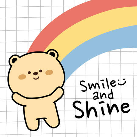 Cute bear with colorful rainbow hand drawn.Smile and shine text.Animal character design.Kid cartoon doodle.Image for card,sticker,poster.Kawaii.Vector.Illustration.のイラスト素材