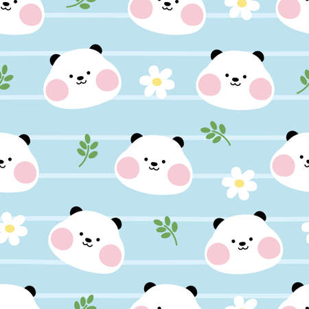 Seamless pattern cute bear with flower and leaf on blue background.Hand drawn.Cartoon animal doodle.Kawaii.Kid graphic.Image for card,poster,paper gift,wallpaper,banner,background.Vector.Illustration.のイラスト素材