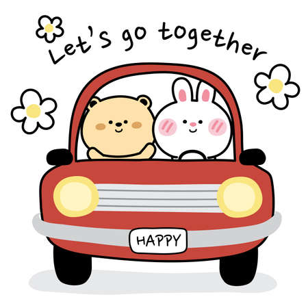 Bear and rabbit sitting in red car with flower background.Animal character design.Cute cartoon hand drawn.Doodle.Kid graphic.Kawaii.Image for card,poster,sticker.Vector.Illustration.のイラスト素材