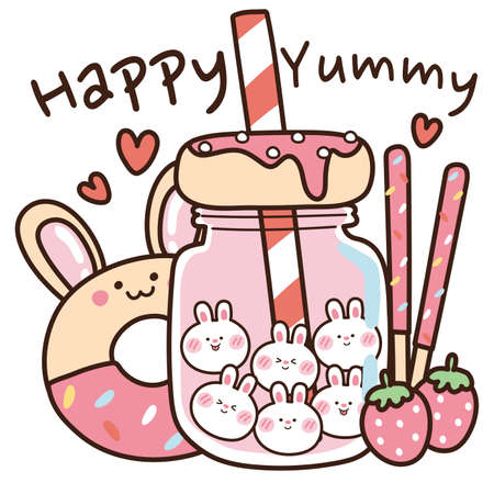 Cute cartoon dessert with happy yummy text on white background.Strawberry milk with bubble rabbit shape.Donut.Heart.Animal.Sweet.Kawaii.Kid graphic.Vector.Illustration.のイラスト素材