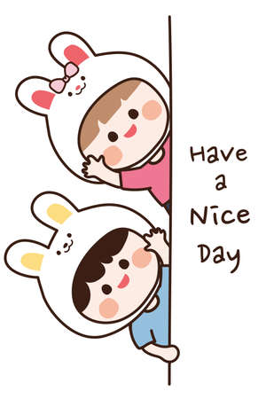 Children rabbit head waving pose hand drawn. Cute kids behind wall. Have a nice day writing. Cartoon background. Girl and boy greeting. Vector. Illustration.のイラスト素材