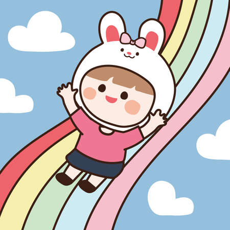 Rabbit head girl over the rainbow. Child smiling face. Cute kid cartoon character. Sky background doodle. Can be use for card, book children. Vector. Illustration.のイラスト素材