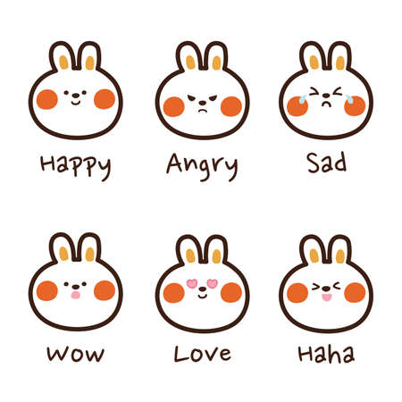 Baby rabbit face feeling set. Emoji rabbit collection. Sticker cartoon design. Cute bunny icon. Animal doodle. Hand drawn.Vector. Illustration.のイラスト素材
