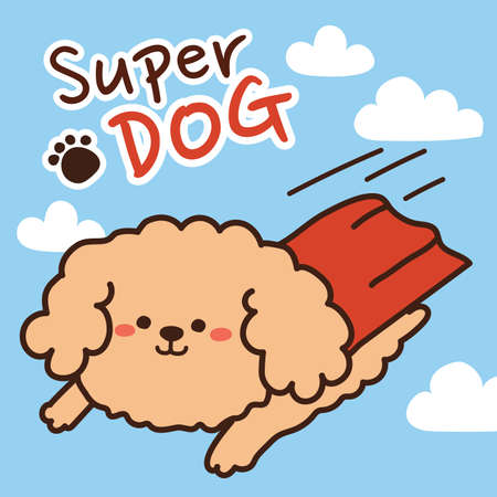 Superhero dog cartoon. Dog wear cloak flying in the sky background. Character cartoon design. Puppy hand drawn. Vector. Illustration.のイラスト素材