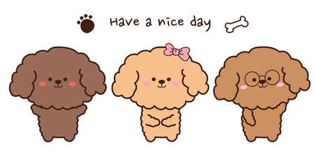 Baby poodle greeting set. lovely puppies collection. Cute dog cartoon charater design. Have a nice day writing background. Doodle. Hand drawn. Vector. Illustrationのイラスト素材