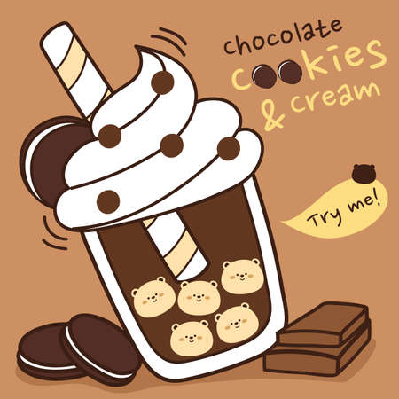 Chocolate cookies and cream hand draw. Beverage with dessert topping and wipped cream. Cute bear bubble in chocolate drink. cartoon animal design. try me writing. Brown background. Vector. Illustration.のイラスト素材