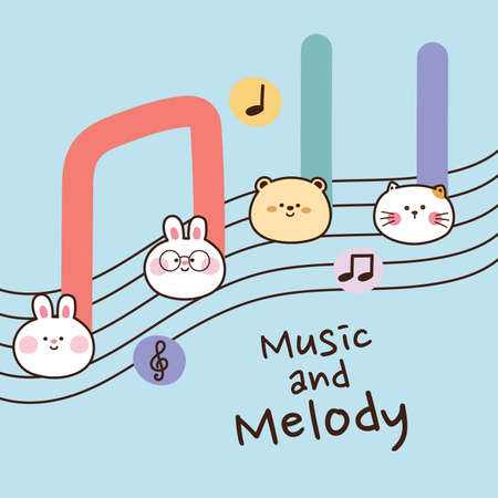 Cute animal on musical notes. Cute animal set. Bear rabbit and cat hand drawn cartoon character design. Music and melody writing. Music note background. Vector. Illustration.のイラスト素材