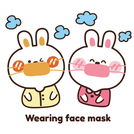 Vector cartoon cute rabbit wearing protective face mask. Protect air pollution and dust. Illustration.のイラスト素材