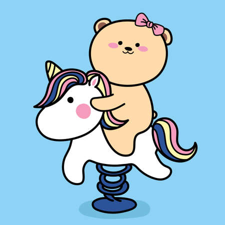 Bear riding toy horse rocking. a spring horse ride in park playground. Cute cartoon unicorn hand drawn. Vector. Ilustrationの写真素材