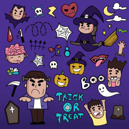 Hand drawn halloween cartoon set on purple background.のイラスト素材