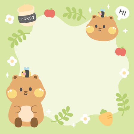 Cute bear with bee in nature concept cartoon.Template for write,diary,memo,planner,to do listbook,stationary.Honey,apple,leaf,carrot,flower hand drawn.Green background.Kawaii.Vector.Illustration.のイラスト素材