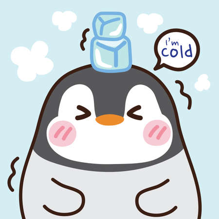 Penguin have ice on head hand drawn on blue background.Cute cartoon character design.Animal.Mascot.Vector illustration.のイラスト素材