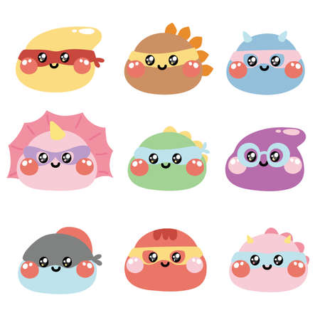 Set of cute dinosaur wear mask in superhero cartoon.Animals face design.Kid graphic.Kawaii.Vector.Illustration.のイラスト素材