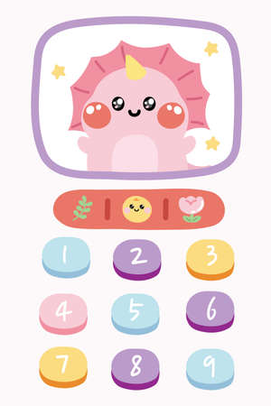 Pastel.Cute dinosaur with star in frame with number bottom phone.Animal character cartoon design.Leaf,smile emoji icon,flower hand drawn.Call.Kawaii.Vector.Illustration.のイラスト素材