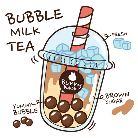 Bubble milk tea hand drawn. Brown sugar menu. Pearl milk tea doodle. bunnyのイラスト素材