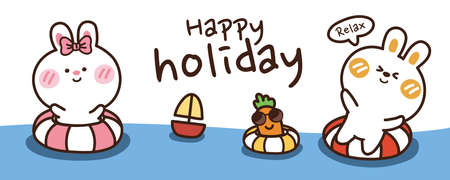 Rabbit in swimming ring with carrot and sailboat banner.Cute cartoon animal character design.Summer vacations background.Pool, sea doodle style.Travel relax.Happy holiday writing.Image for card, poster, kid wear.Vector.Illustration.のイラスト素材