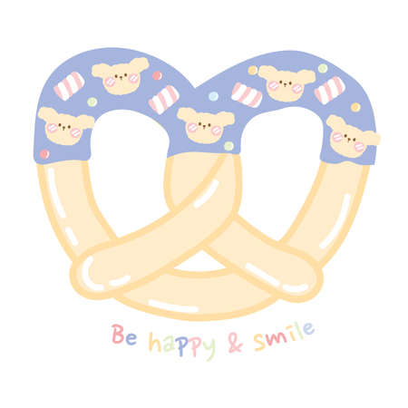 Pastel.Cute dog face on blueberry flavor pretzel with candy and marshmallow...