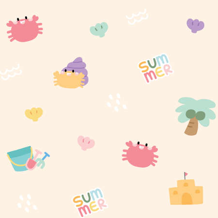 Seamless pattern of cute crab and shell cartoon.Summer concept.Pastel.Repeat.Kawaii.Vector.Illustration.のイラスト素材