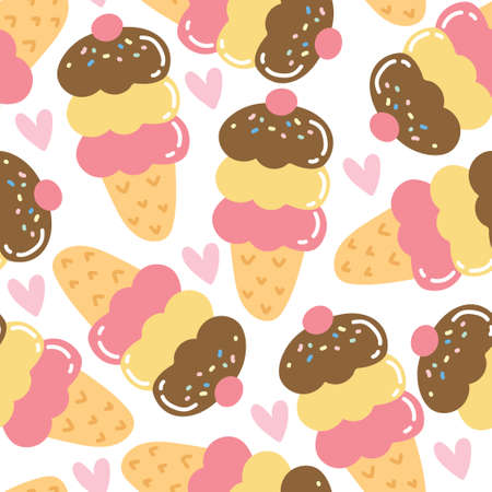 Seamless pattern of cute ice cream with heart on white background.Image for card,poster,baby clothing.Dessert.Sweet.Kawaii.Vector.Illustration.のイラスト素材