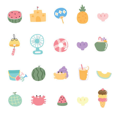 Set of cute icon in summer concept.Cartoon hand drawn.Pastel colot.Kawaii.Vector.Illustration.のイラスト素材