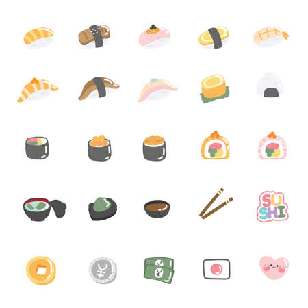 Set of tiny japanese food cartoon.Cute icon.Hand drawn collection.Sushi,onigiri,wasabi,coin,money doodle.Pastel.Kawaii.Vector.Illustration.のイラスト素材