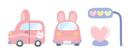 Set of cute rabbit car cartoon.Transportation.Pastel color.Image for card,poster,sticker.Isolated.Kawaii.Vector.Illustration.のイラスト素材