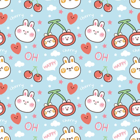 Seamless pattern of cute rabbit with cherry on blue background.Animal cartoon.Image for wallpaper,paper,card,baby cloth.Kawaii.Vector.Illustration.のイラスト素材