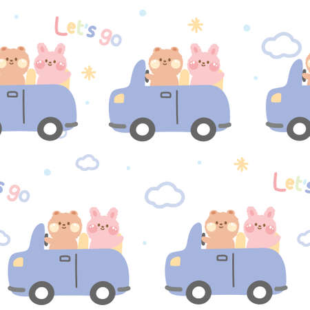 Seamless pattern of cute bear and rabbit sit on car cartoon.White background.Animals character design.Pastel.Kawaii.Vector.Illustration.のイラスト素材