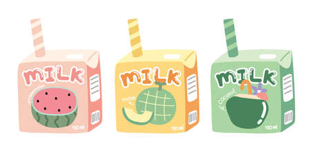 Set of cute milk box cartoon on white background.Fruit flavor.Watermelon,melon,coconut hand drawn.Kid drink.Isolated.Kawaii.Vector.Illustration.のイラスト素材