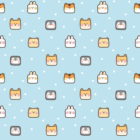 Seamless repeating pattern of cute animal face on blue background.Cartoon...