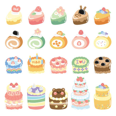 Set of various cake cartoon.Sweet dessert cartoon hand drawn.Kid graphic.Kawaii...