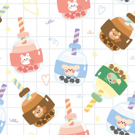 Seamless pattern of cute bottle with bubble milk on white background.のイラスト素材