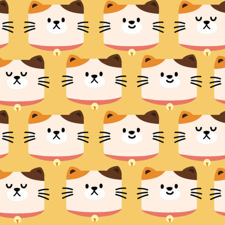 Seamless pattern of cute face cat on yellow background.Pet cartoon design.のイラスト素材