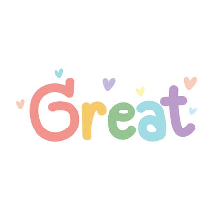 Great text with heart cartoon on white background.Colorful.Handwritten.Kawaii.Vector.Illustration.のイラスト素材