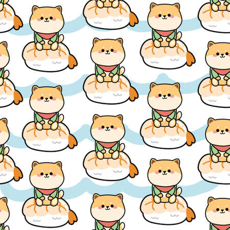 Seamless pattern of cute shiba inu dog with sushi on white background.Japanese food.Image for card,poster,baby clothing.Repeat.Kawaii.Vector.Illustration.のイラスト素材